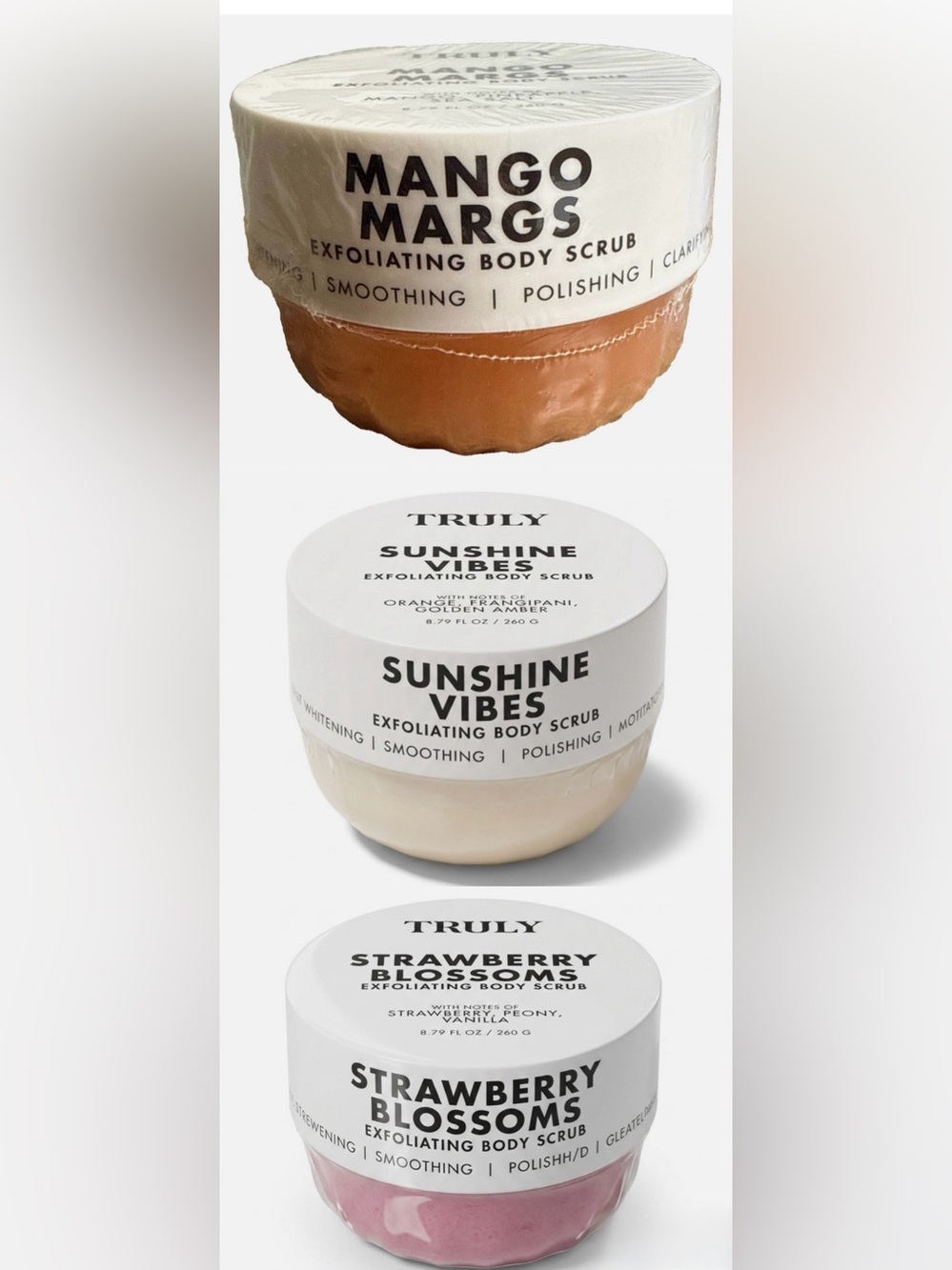 Lot of 3 TRULY Beauty Exfoliating Body Scrubs Sunshine Strawberry Mango